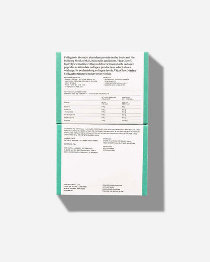 Vida Glow Natural Marine Collagen Original Trial Pack packaging showing ingredients, usage directions and nutrition information.