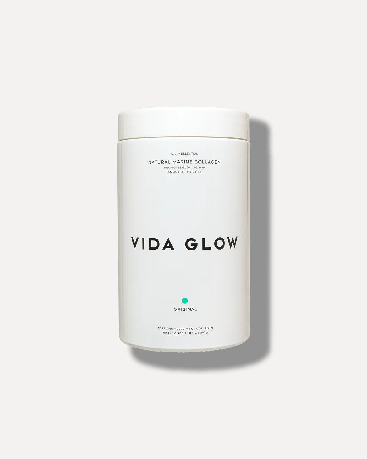 Vida Glow Natural Marine Collagen Powder Glass Tub Original marine collagen supplement for skin hydration, elasticity and fine line support.