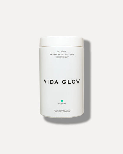 Vida Glow Natural Marine Collagen Powder Glass Tub Original marine collagen supplement for skin hydration, elasticity and fine line support.