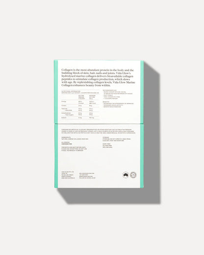 Vida Glow Natural Marine Collagen Powder Glass Tub Original outer box back panel showing nutrition facts, ingredients, recommended use and storage information.