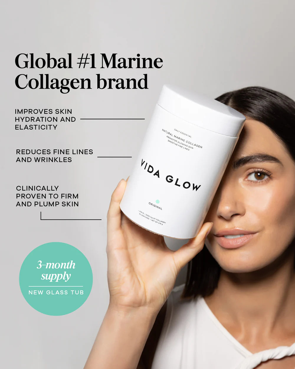 Vida Glow Natural Marine Collagen Powder Glass Tub Original clinically proven marine collagen for hydration, firmness and smoother-looking skin.