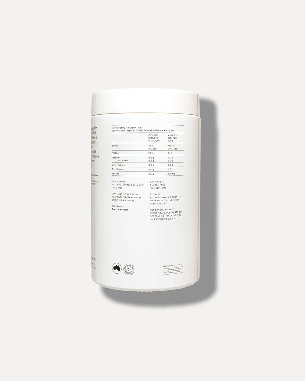 Vida Glow Natural Marine Collagen Powder Glass Tub Original side nutrition panel highlighting clean marine collagen formula, daily serving details and supplement information.