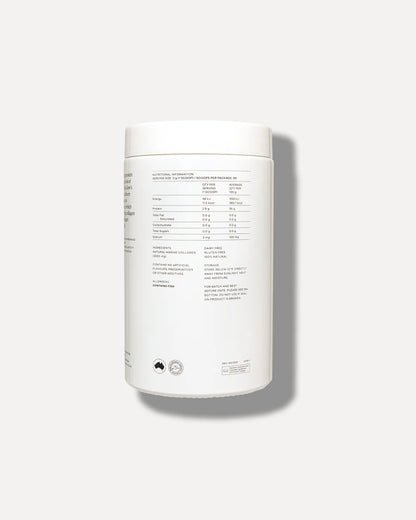 Vida Glow Natural Marine Collagen Powder Glass Tub Original side nutrition panel highlighting clean marine collagen formula, daily serving details and supplement information.