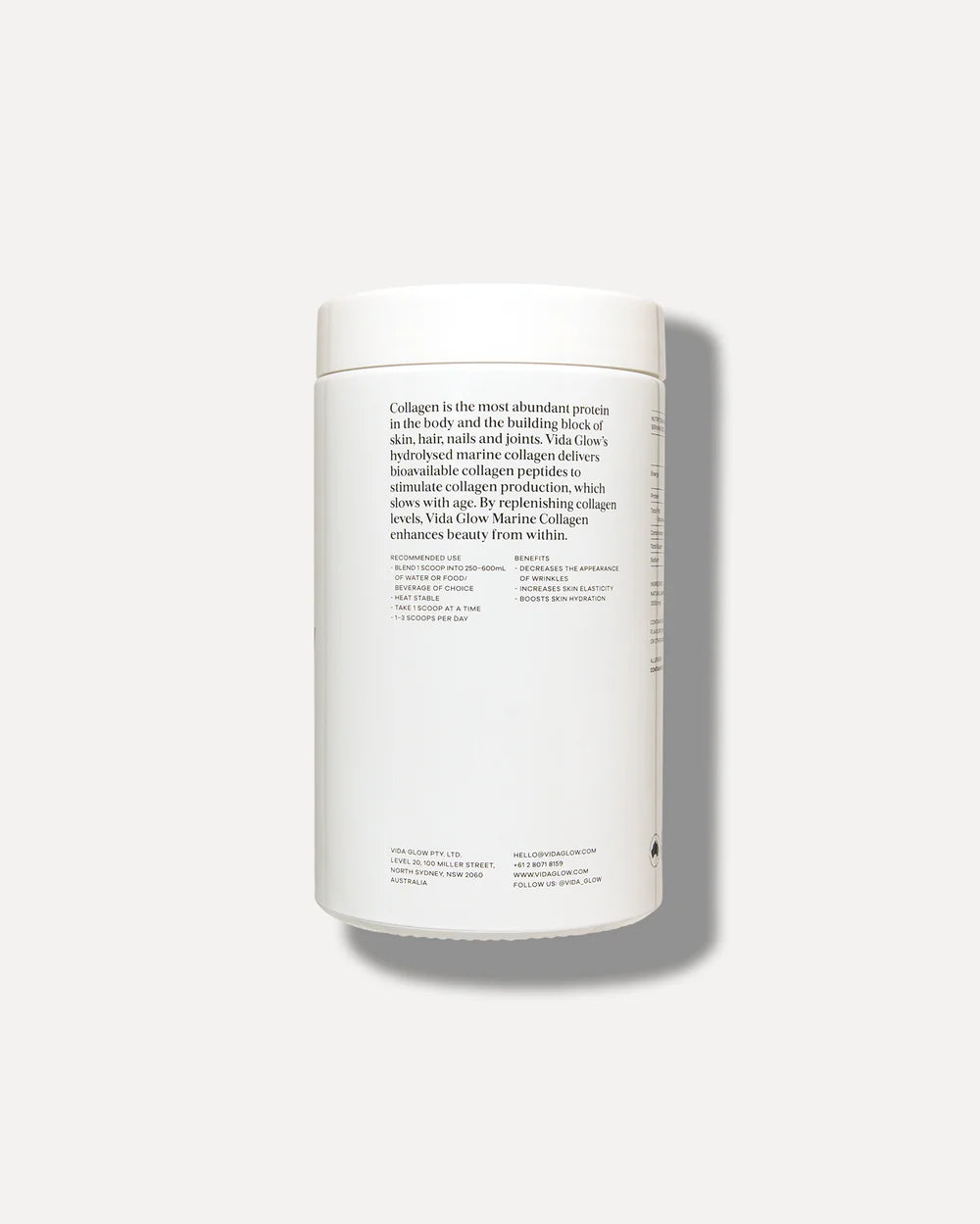 Vida Glow Natural Marine Collagen Powder Glass Tub Original packaging panel with usage directions, beauty benefits and ingredient information for daily collagen support.