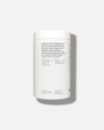 Vida Glow Natural Marine Collagen Powder Glass Tub Original packaging panel with usage directions, beauty benefits and ingredient information for daily collagen support.