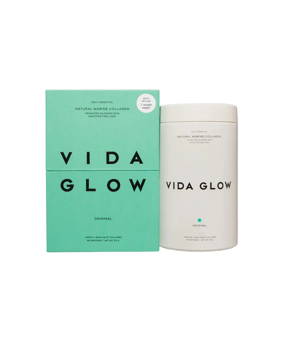 Vida Glow Natural Marine Collagen Powder Glass Tub Original 270g premium marine collagen powder for skin hydration, elasticity, fine lines, hair and nail support.
