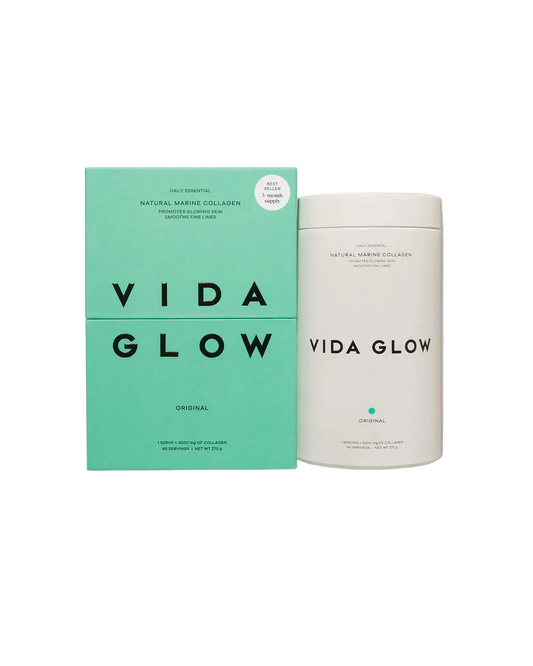 Vida Glow Natural Marine Collagen Powder Glass Tub Original 270g premium marine collagen powder for skin hydration, elasticity, fine lines, hair and nail support.