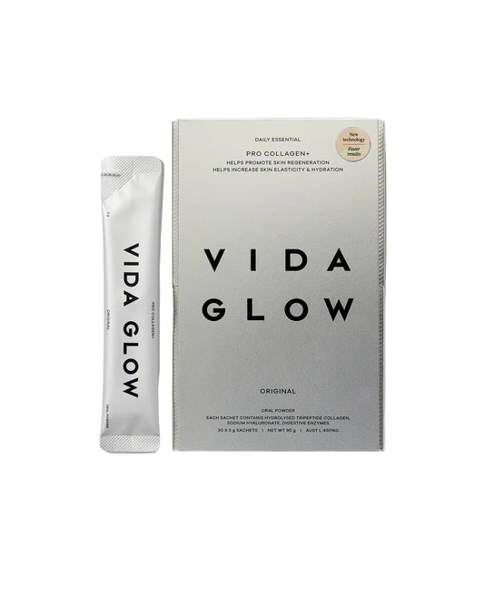 Vida Glow Pro Collagen+ marine collagen supplement for skin firmness, hydration and glow, shown in branded box and single daily sachet format.