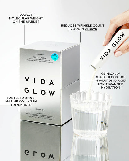 Vida Glow Pro Collagen+ advanced marine collagen formula for wrinkle support, hydration and skin regeneration, shown with key clinical benefit highlights.