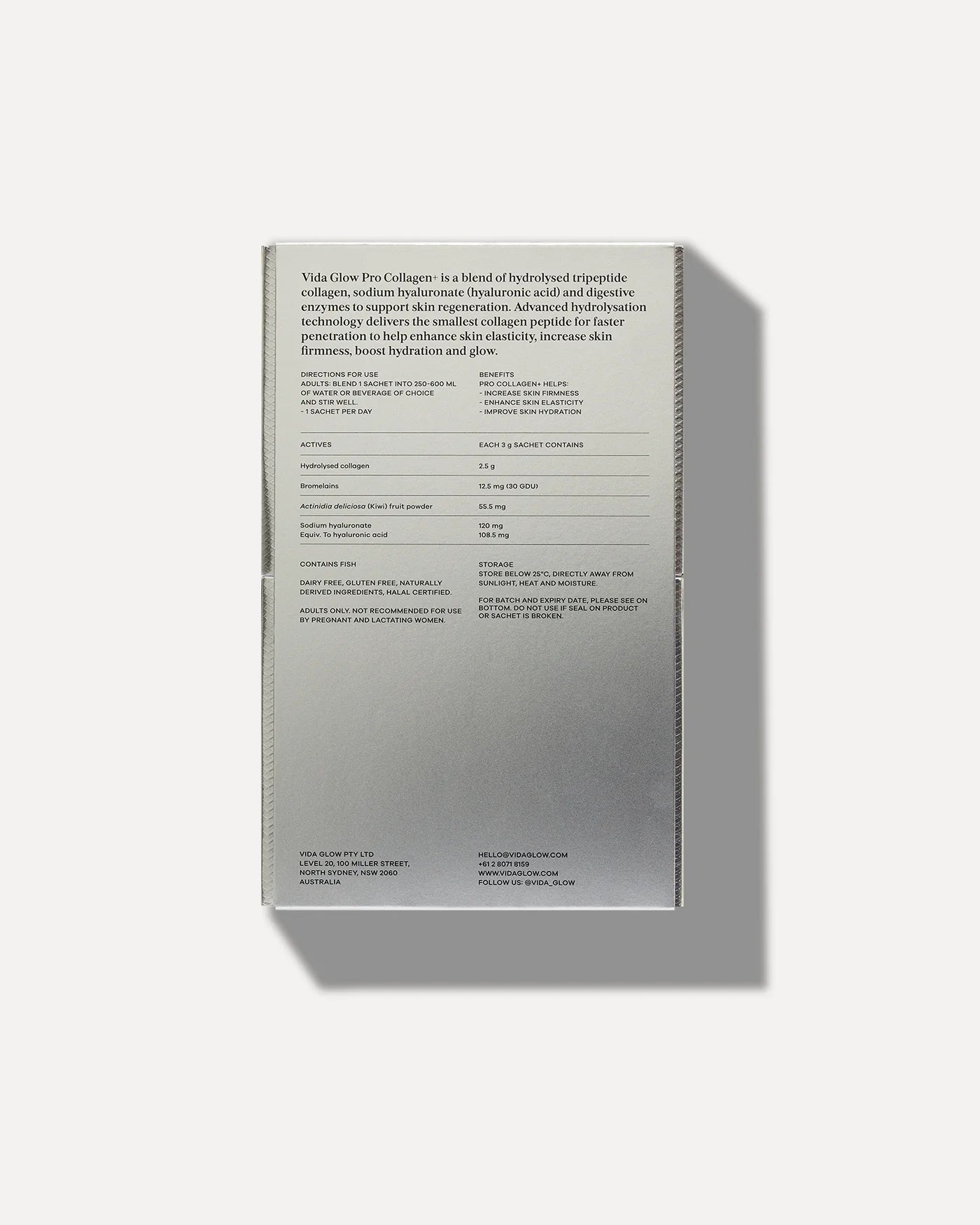 Vida Glow Pro Collagen+ collagen supplement with marine collagen, hyaluronic acid and digestive enzymes, shown with packaging back and ingredient information.