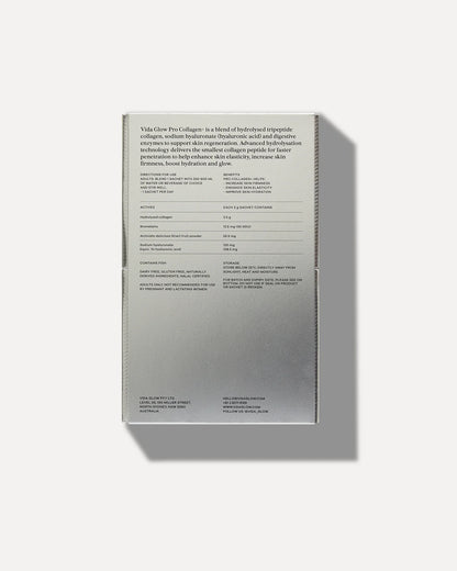 Vida Glow Pro Collagen+ collagen supplement with marine collagen, hyaluronic acid and digestive enzymes, shown with packaging back and ingredient information.