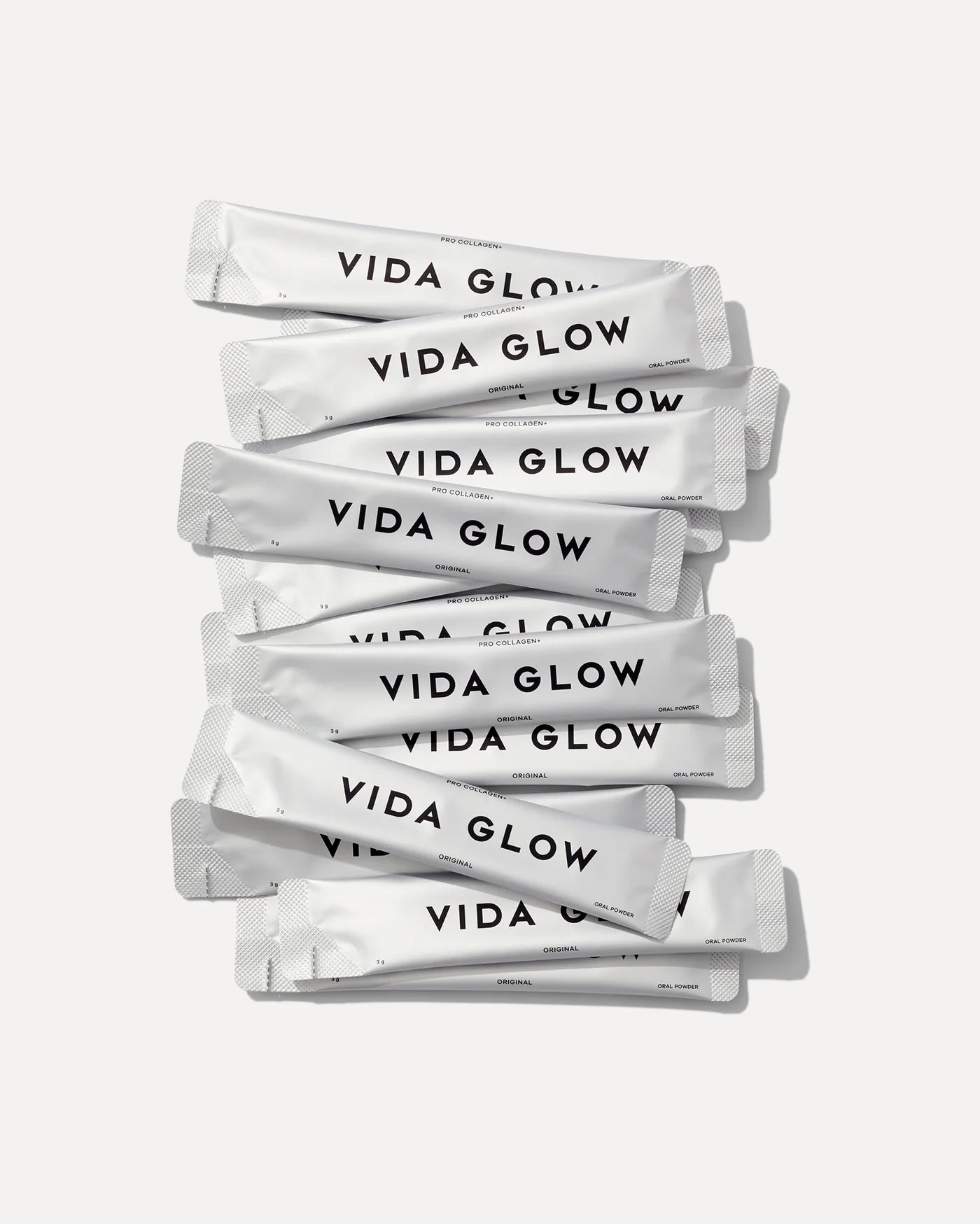 Vida Glow Pro Collagen+ single-serve collagen sachets for convenient daily skin support, displayed as individual stick packs.
