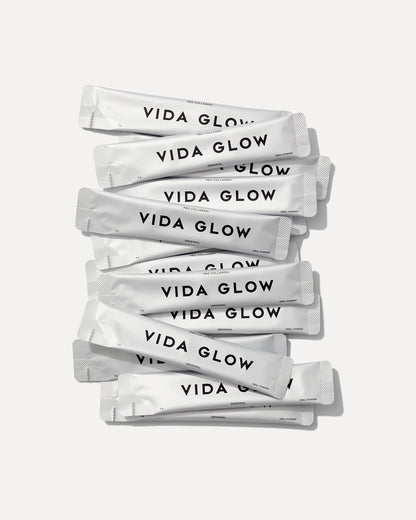Vida Glow Pro Collagen+ single-serve collagen sachets for convenient daily skin support, displayed as individual stick packs.