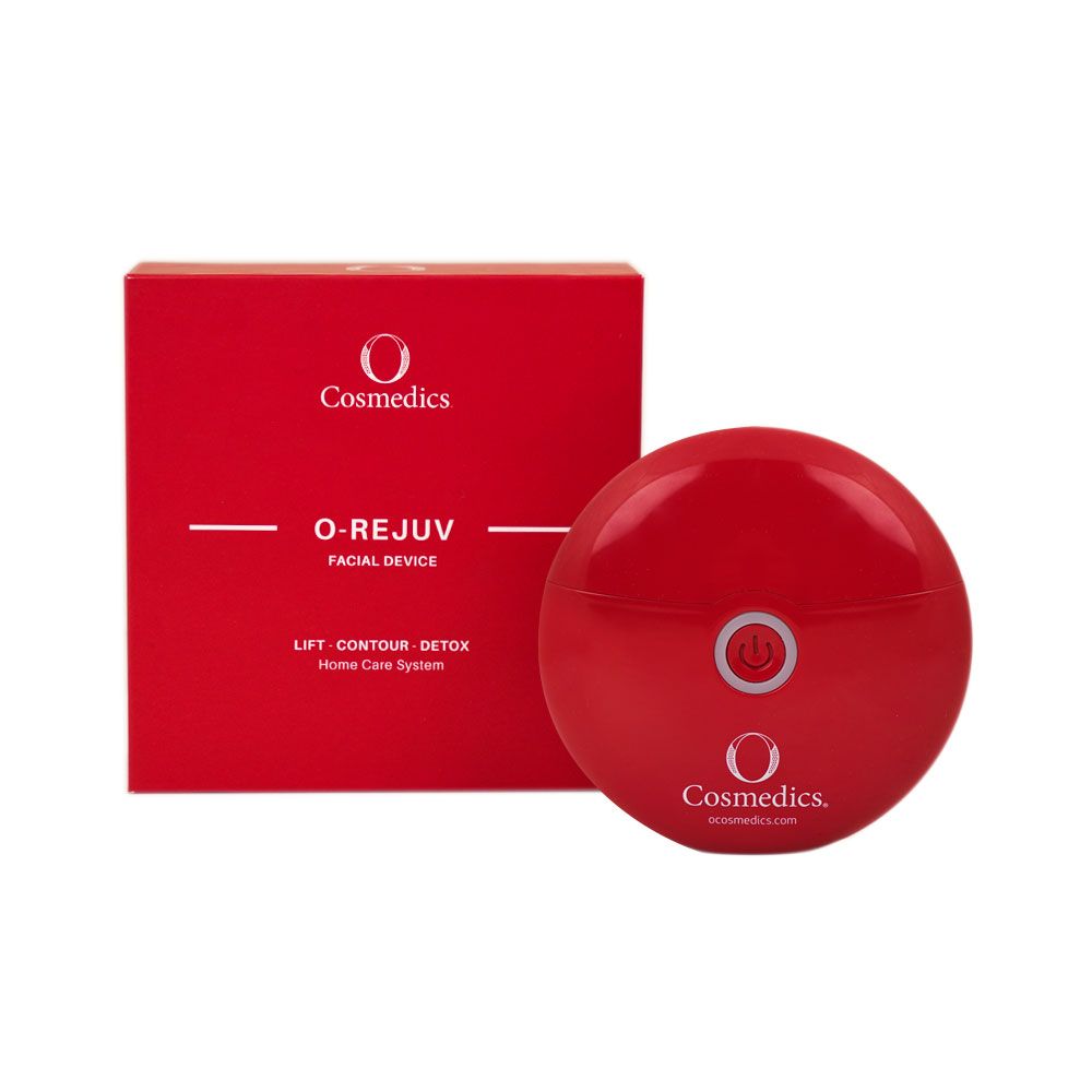 O Cosmedics O-Rejuv Facial Device combining EMS, LED light therapy and warming massage for at-home facial lifting and contouring.